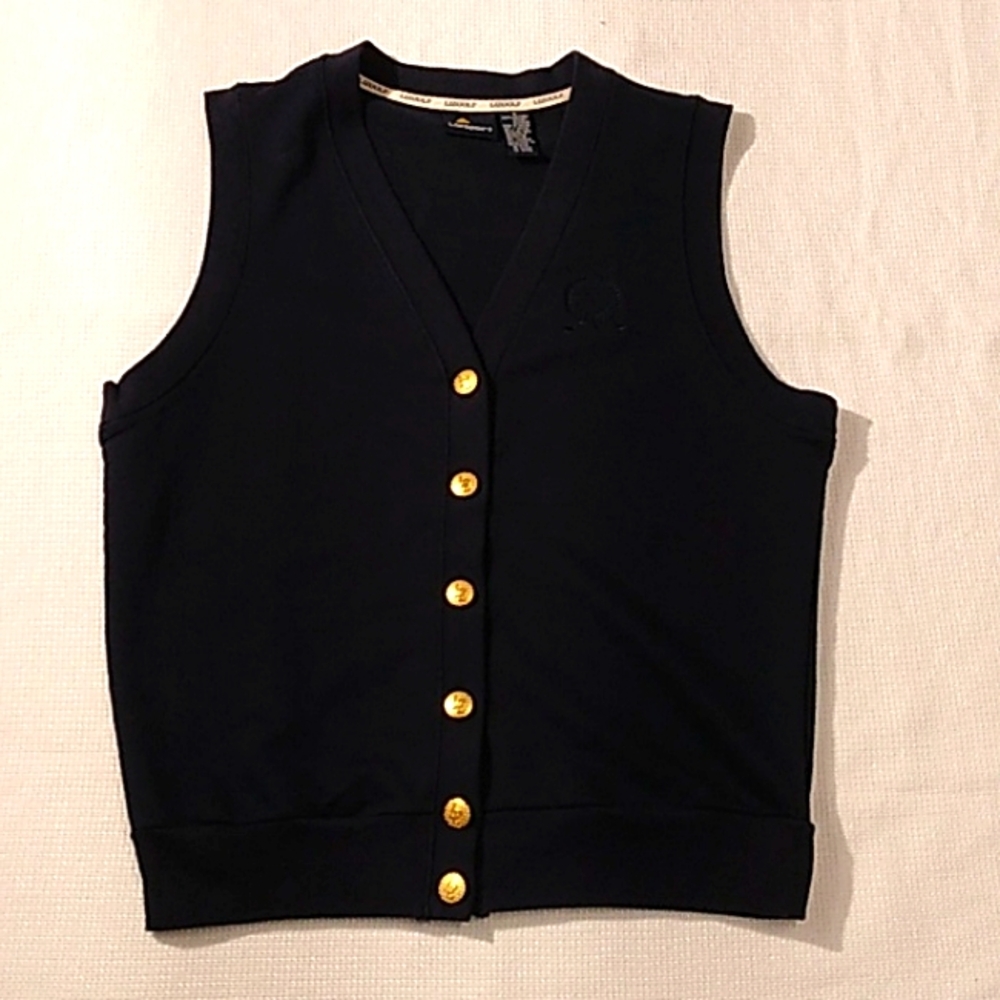 Lizsport Lizgolf Size Small Navy Blue Vest Sweatshirt Material Gold Tone Buttons